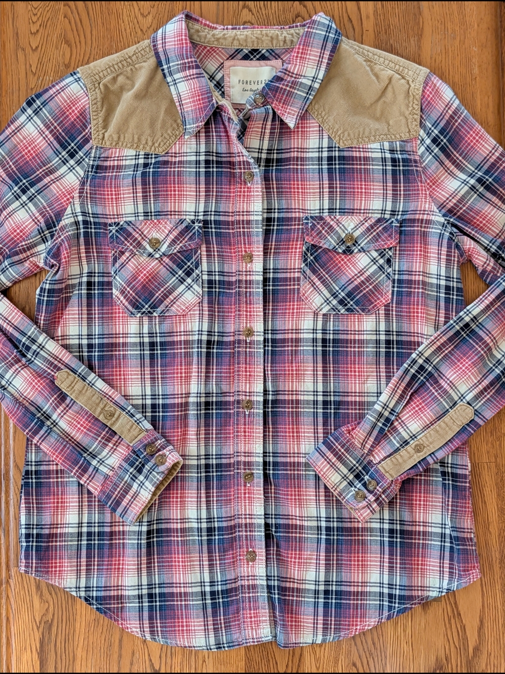 Forever 21 Pink and Blue Plaid Button Down Shirt Corduroy Western Accents